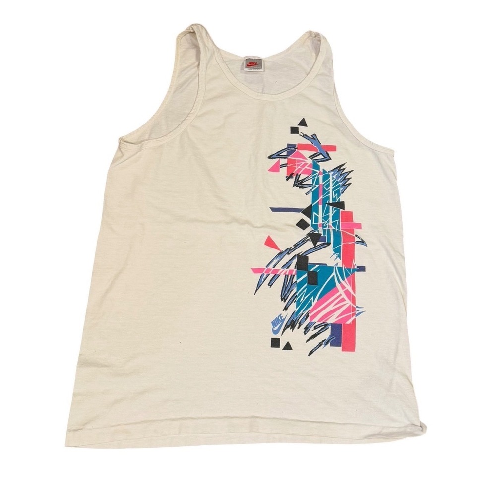 Vtg Nike Tank Top Mens Medium White 90s Abstract Geometric Graphic Made in USA